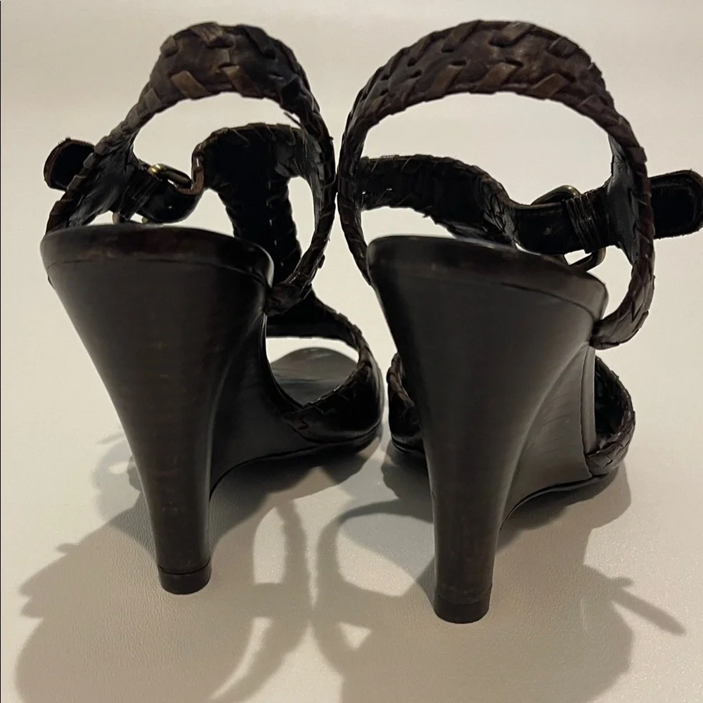 Fendi Zeppa Capra Pergamena Dark Brown Braided Wedge Sandals - Picture 4 of 9